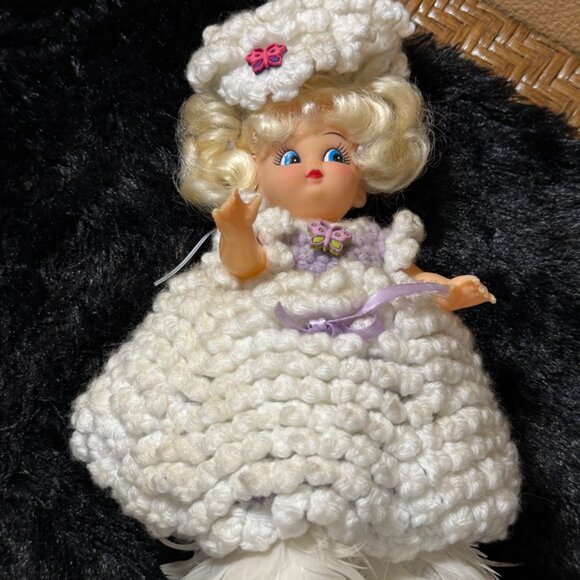 Vintage Crochet Doll Feather Duster Cover White And Purple - Picture 1 of 7